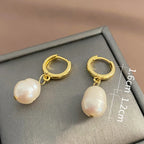 PONYKISS Women's Geometric Hoop Earrings Freshwater Pearl Pendant Gold ET6311G