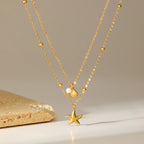 316L Stainless Steel Double Chain Starfish Shell Pendant Necklace 18K