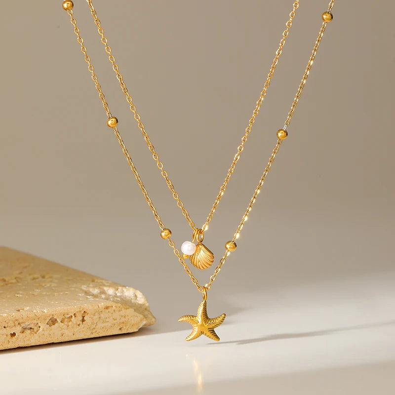 316L Stainless Steel Double Chain Starfish Shell Pendant Necklace 18K