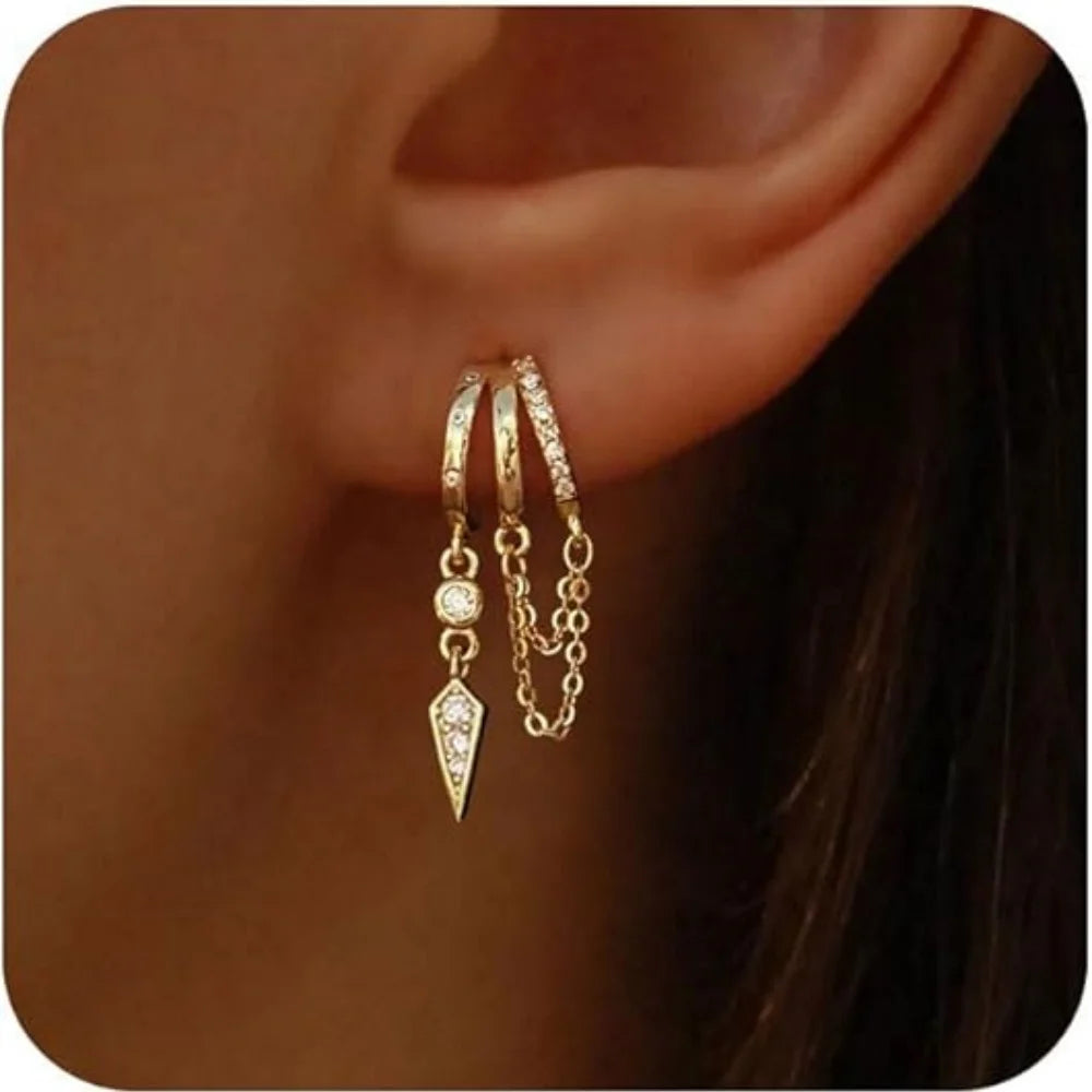 14k Gold Plated Triple Huggie Stud Earrings Dangle Chain CZ