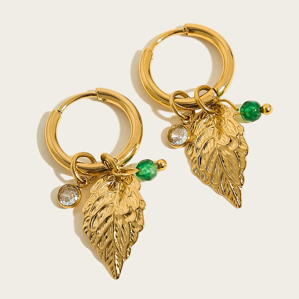 18K Gold Plated Women's Stainless Steel Hoop Earrings Green Stone