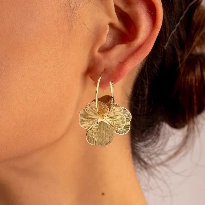 Double-Layer Hollow Flower Hoop Earrings for Women Stainless Steel Gold