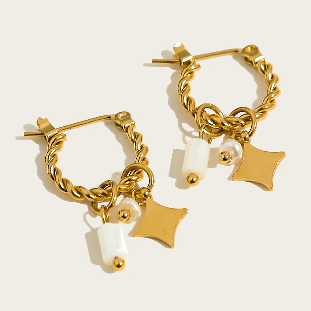 18K Gold Plated Women's Stainless Steel Hoop Earrings Green Stone