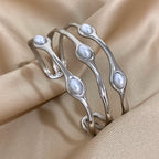 Layered Pearl Stainless Steel Open Cuff Bangle Bracelet Gold Silver