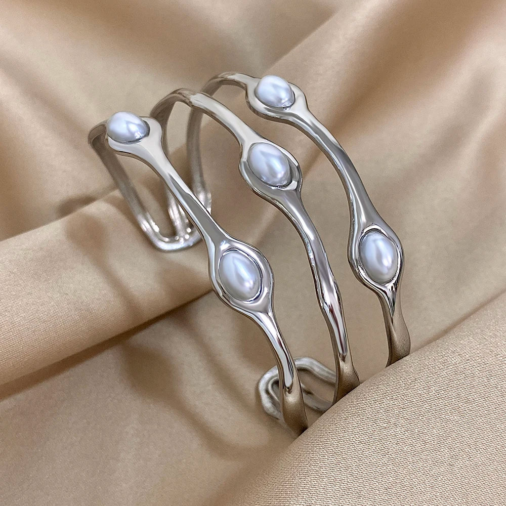 Layered Pearl Stainless Steel Open Cuff Bangle Bracelet Gold Silver