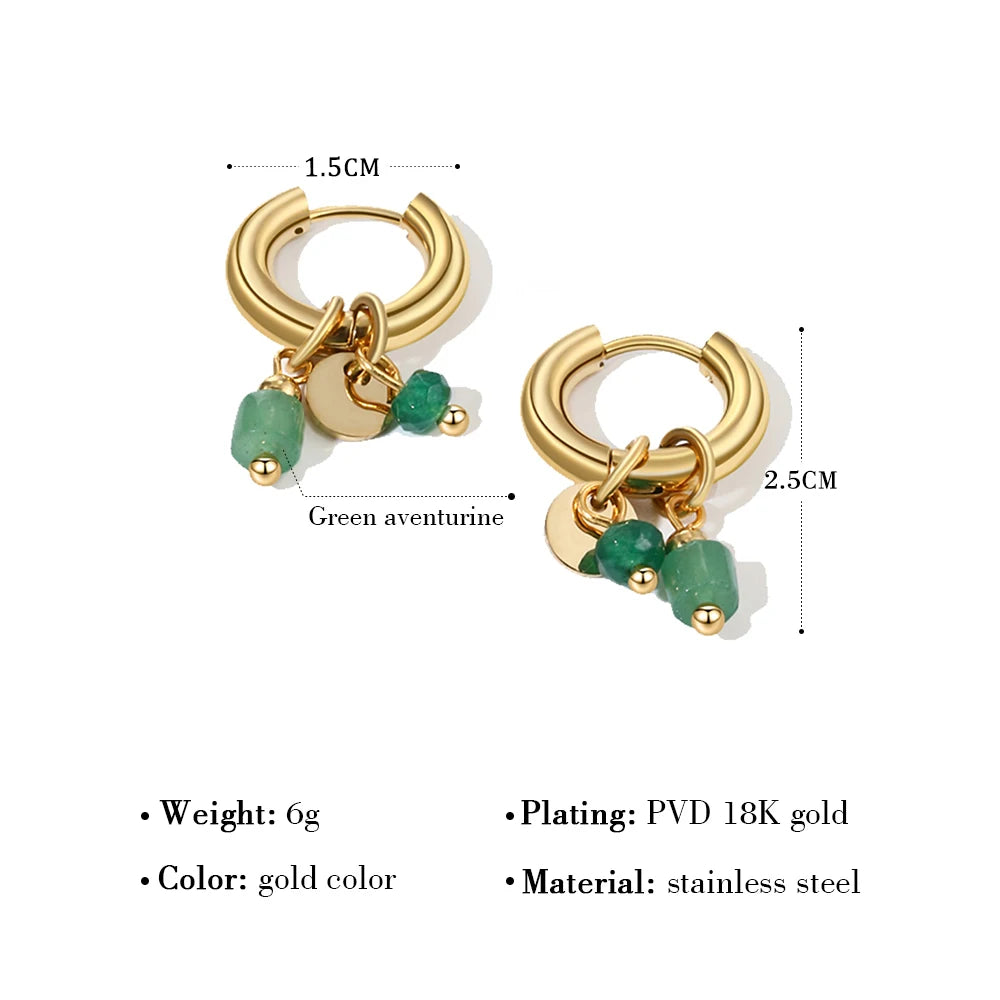 18K Gold Plated Women's Stainless Steel Hoop Earrings Green Stone