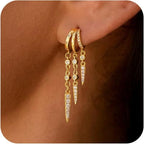 14k Gold Plated Triple Huggie Stud Earrings Dangle Chain CZ