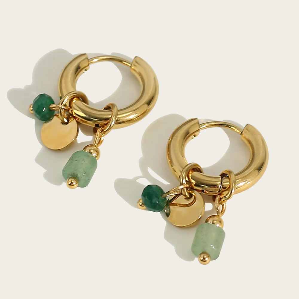18K Gold Plated Women's Stainless Steel Hoop Earrings Green Stone