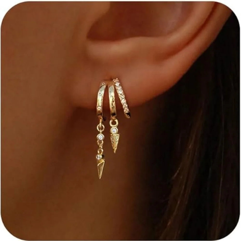 14k Gold Plated Triple Huggie Stud Earrings Dangle Chain CZ