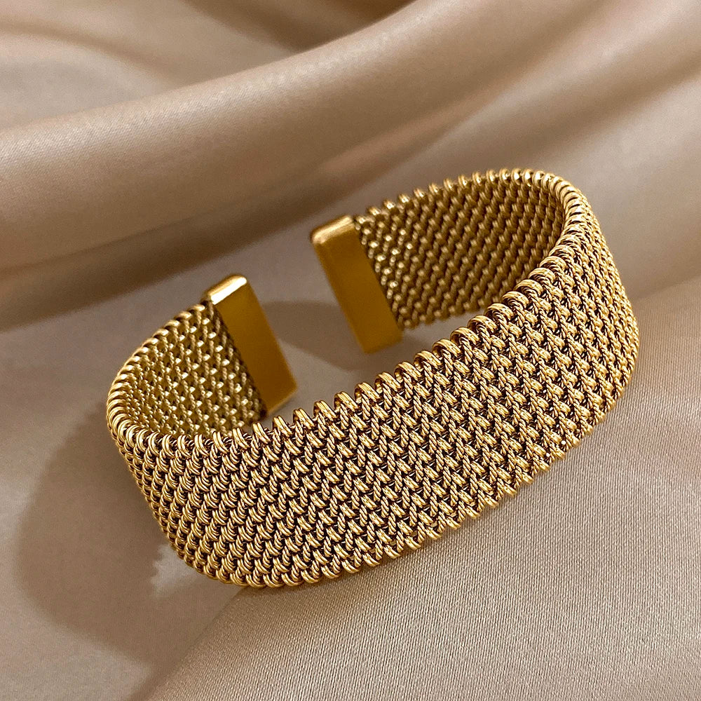 Vintage Stainless Steel Braided Mesh Open Cuff Bracelet