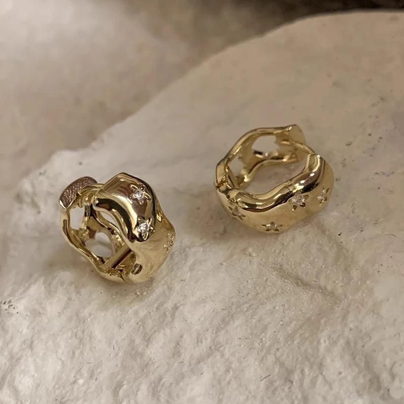 Zircon Star Wave Hoop Earrings Gold Minimalist Jewelry