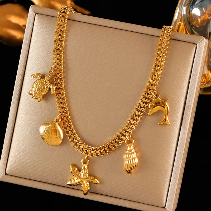 316L Stainless Steel Double Chain Starfish Shell Pendant Necklace 18K