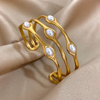 Layered Pearl Stainless Steel Open Cuff Bangle Bracelet Gold Silver