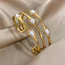 Layered Pearl Stainless Steel Open Cuff Bangle Bracelet Gold Silver