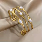 Layered Pearl Stainless Steel Open Cuff Bangle Bracelet Gold Silver