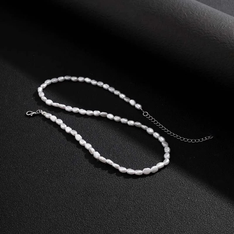 Simple Imitation Pearl Beaded Choker Necklace and Bracelet