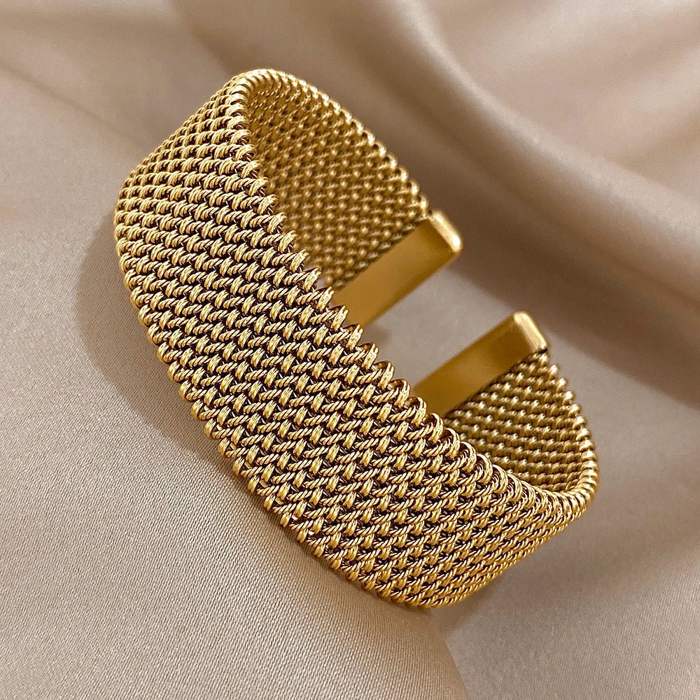 Vintage Stainless Steel Braided Mesh Open Cuff Bracelet