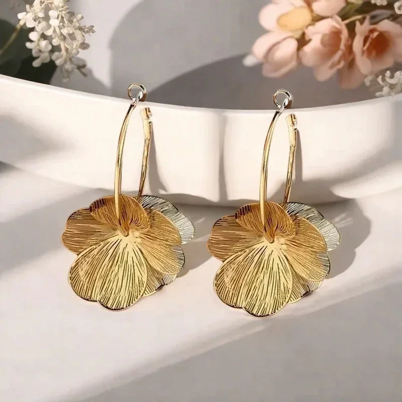 Double-Layer Hollow Flower Hoop Earrings for Women Stainless Steel Gold