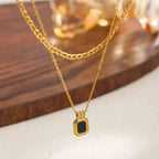 Square Black Acrylic Pendant Necklace 18K Gold Plated Stainless Steel