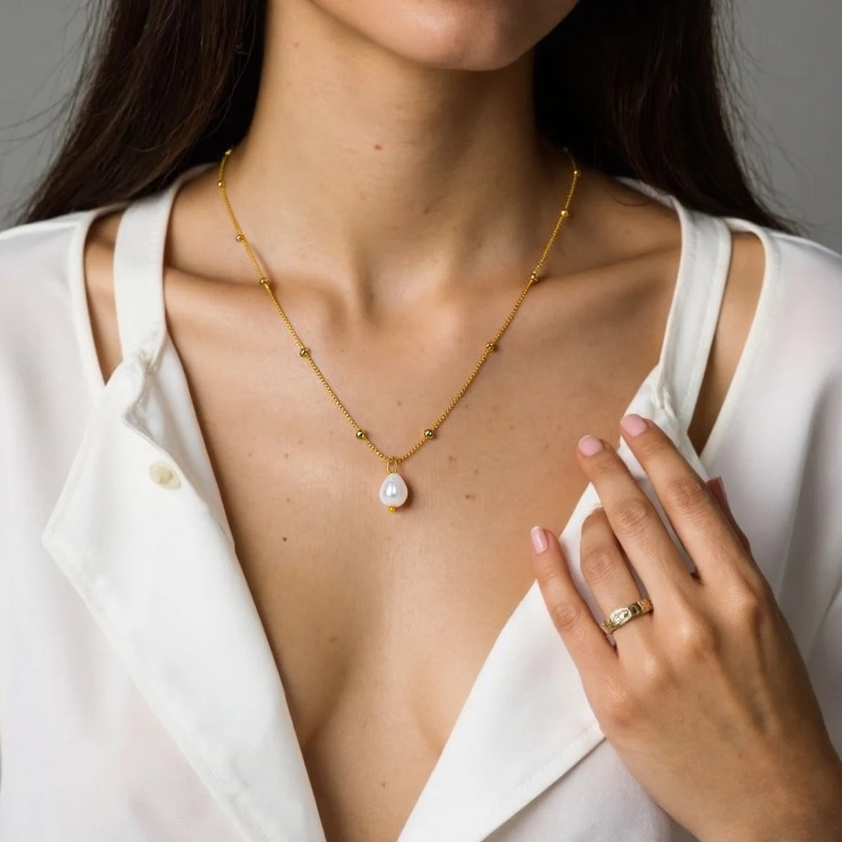 Natural Pearl Pendant Necklace Stainless Steel Waterproof for Women
