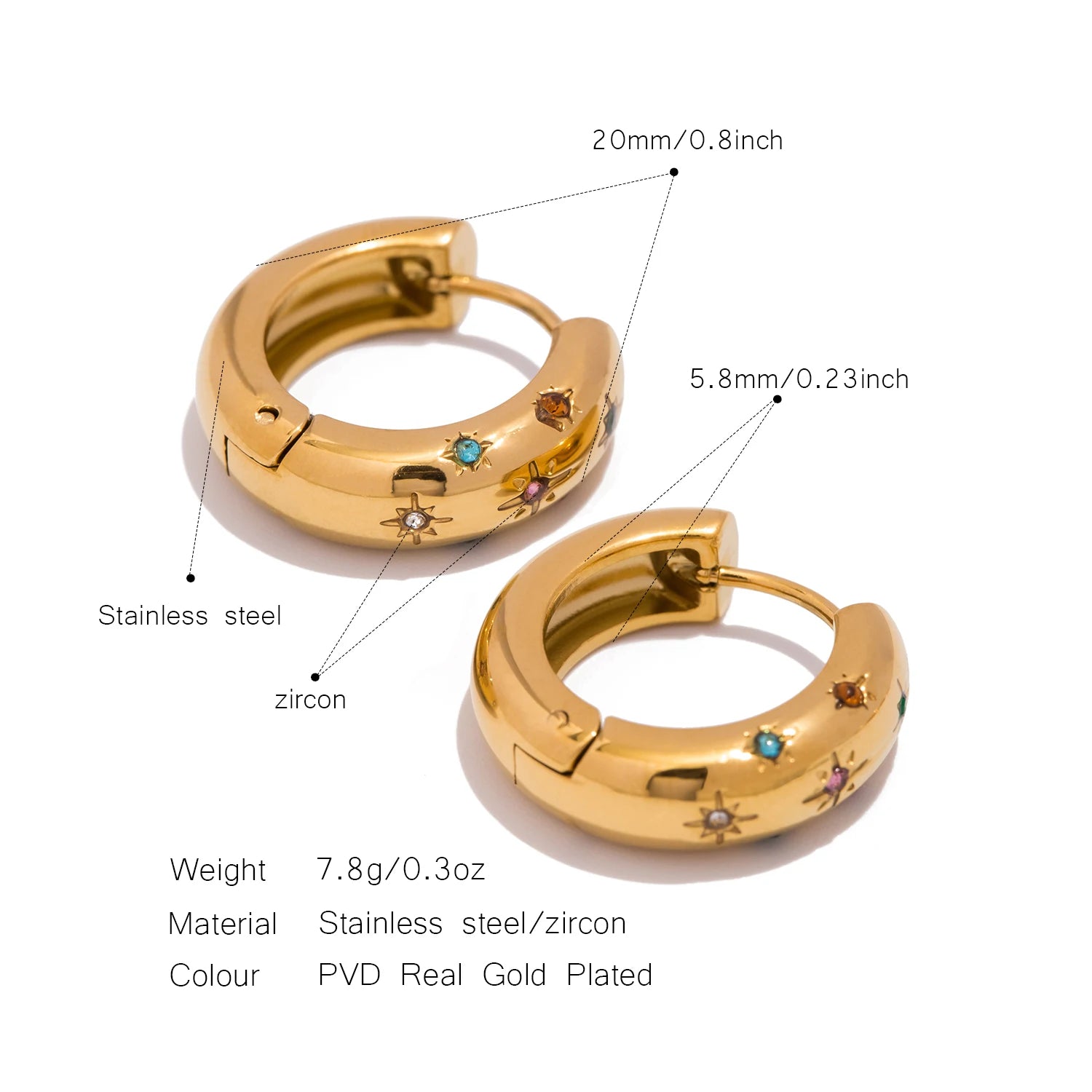 Classic Inlaid Zircon Hoop Earrings Stainless Steel 18k Gold Plated