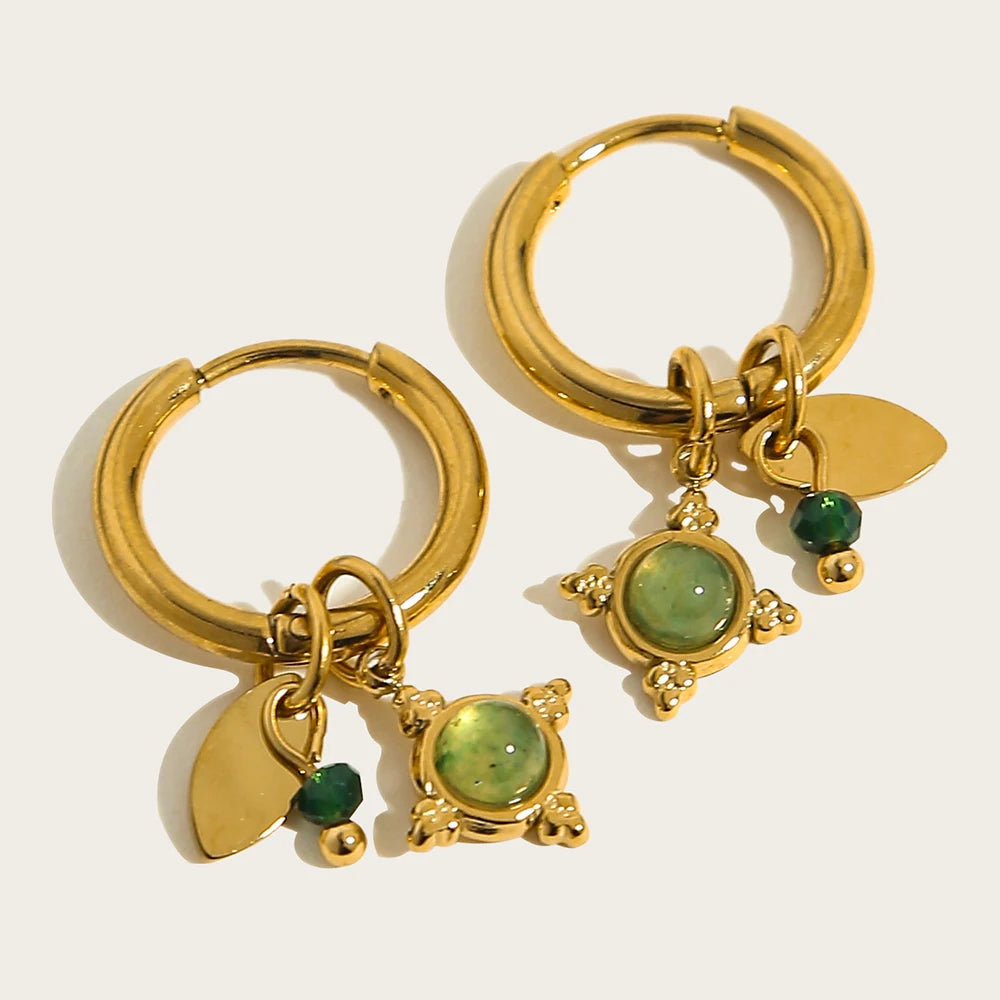 18K Gold Plated Women's Stainless Steel Hoop Earrings Green Stone