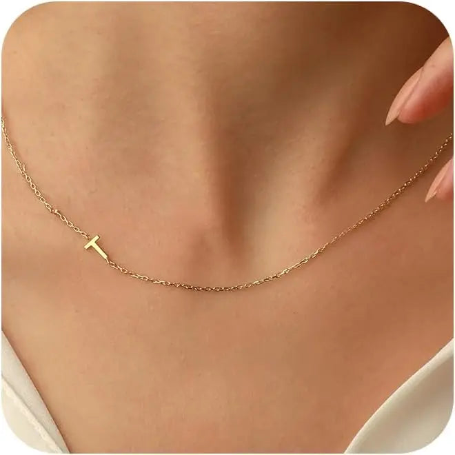 Gold Plated Initial Letter Pendant Necklace Dainty Sideways Choker