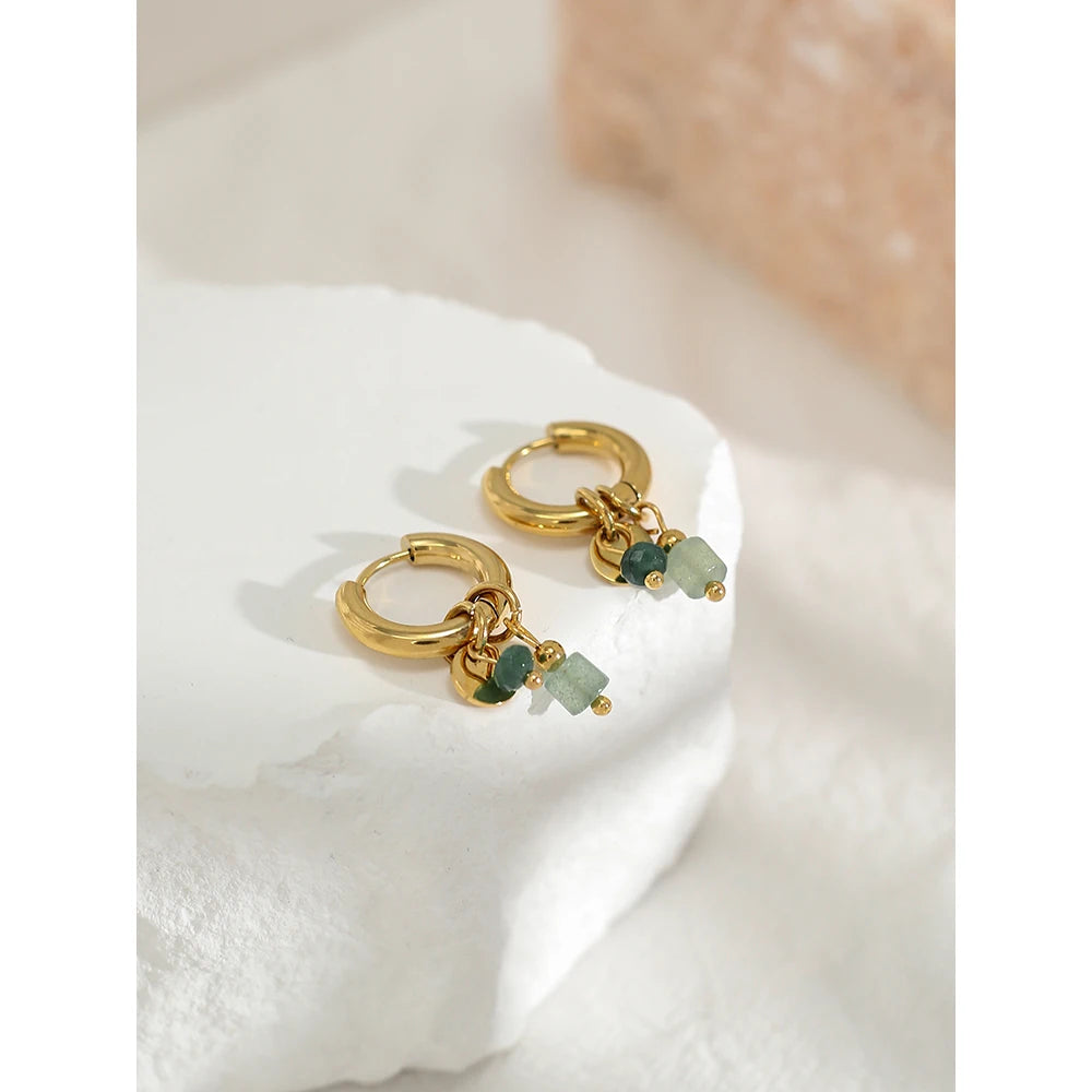 18K Gold Plated Women's Stainless Steel Hoop Earrings Green Stone
