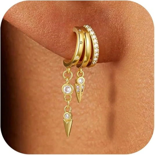 14k Gold Plated Triple Huggie Stud Earrings Dangle Chain CZ