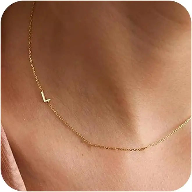 Gold Plated Initial Letter Pendant Necklace Dainty Sideways Choker