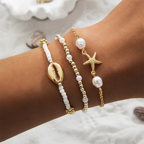 3Pcs Bohemian Shell Starfish Bracelet Set Pearl Beads Beach Jewelry