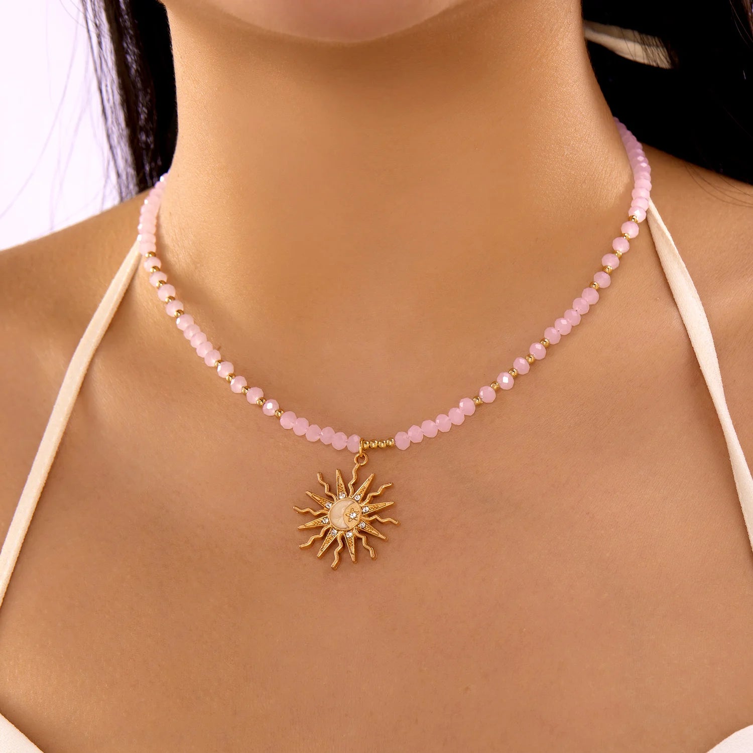 Sun Star Pendant Necklace with Zircon Crystal and Colorful Beads