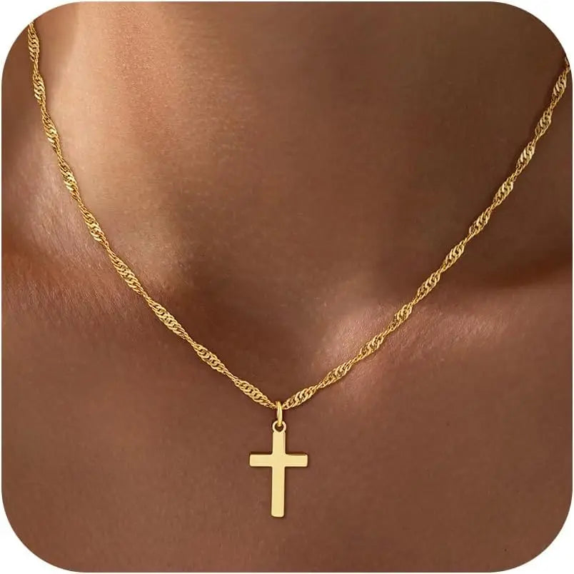 18k Gold Plated Stainless Steel Cross Necklace with Zirconia Pendant