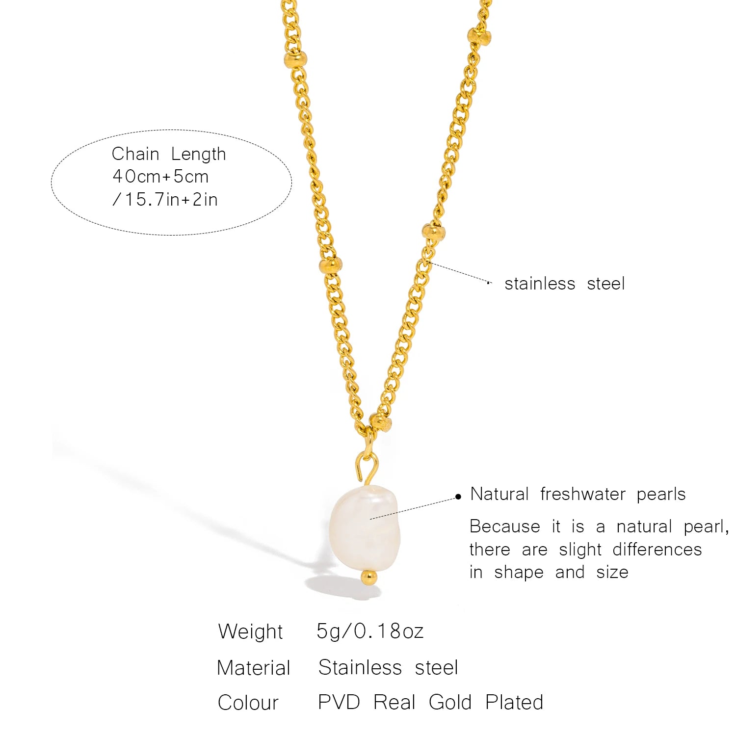 Natural Pearl Pendant Necklace Stainless Steel Waterproof for Women