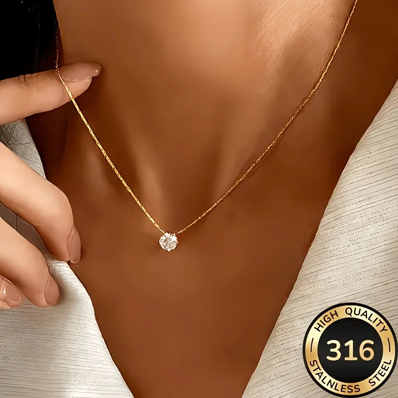 Women's Cubic Zirconia Solitaire Pendant Necklace 316L Stainless Steel