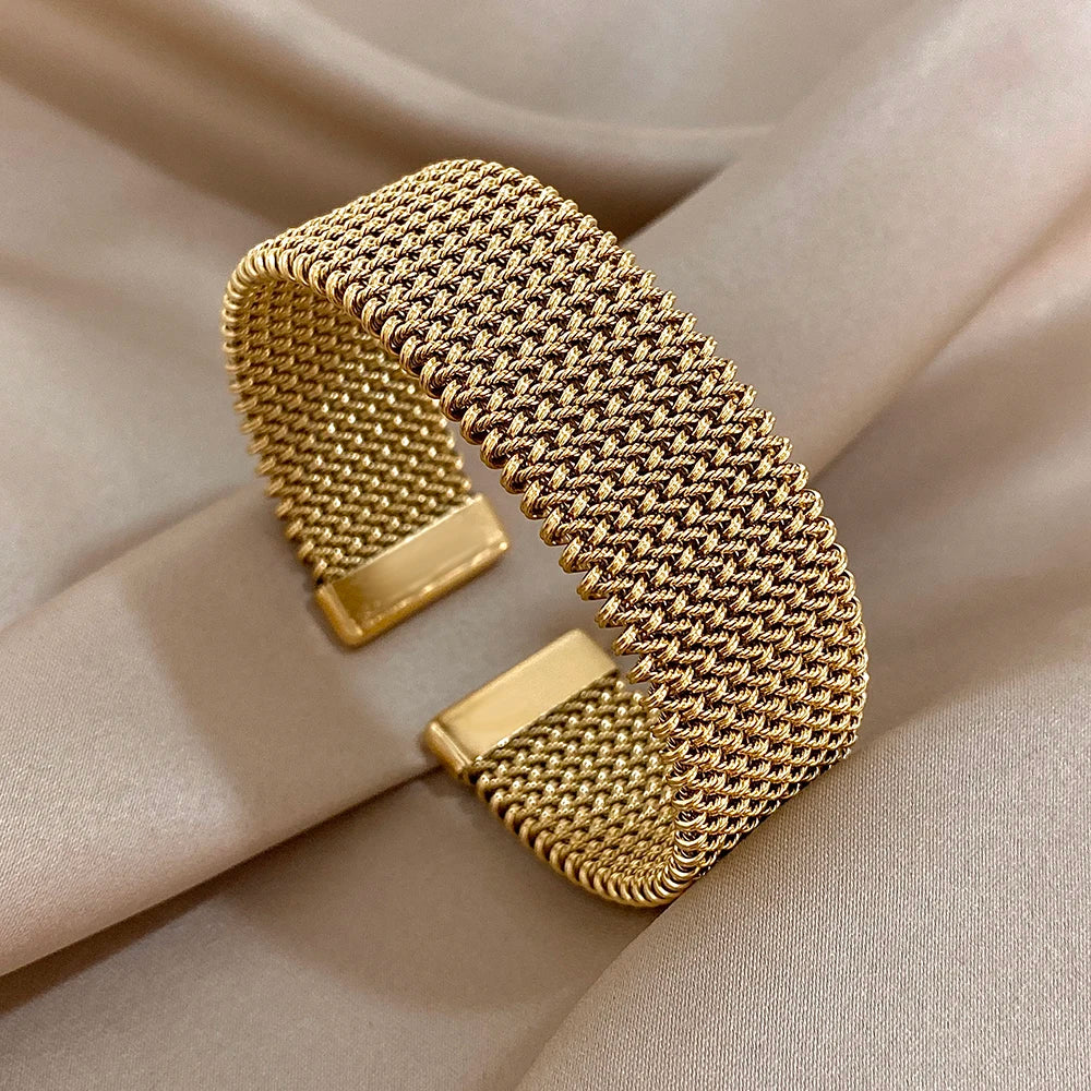Vintage Stainless Steel Braided Mesh Open Cuff Bracelet