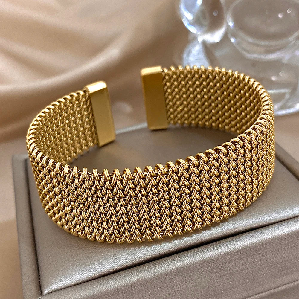 Vintage Stainless Steel Braided Mesh Open Cuff Bracelet