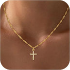 18k Gold Plated Stainless Steel Cross Necklace with Zirconia Pendant