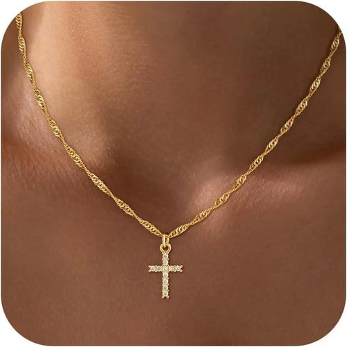18k Gold Plated Stainless Steel Cross Necklace with Zirconia Pendant