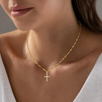 18k Gold Plated Stainless Steel Cross Necklace with Zirconia Pendant