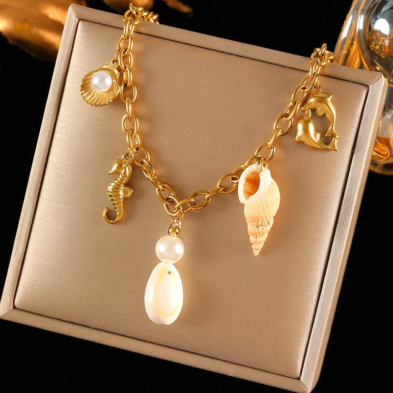 316L Stainless Steel Double Chain Starfish Shell Pendant Necklace 18K