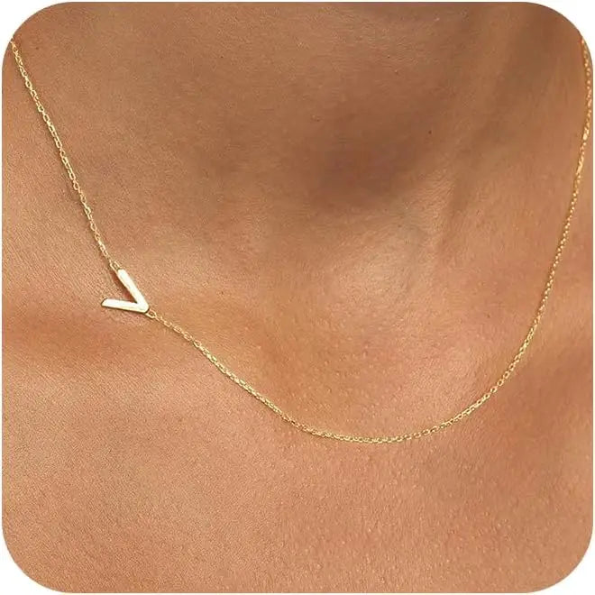 Gold Plated Initial Letter Pendant Necklace Dainty Sideways Choker