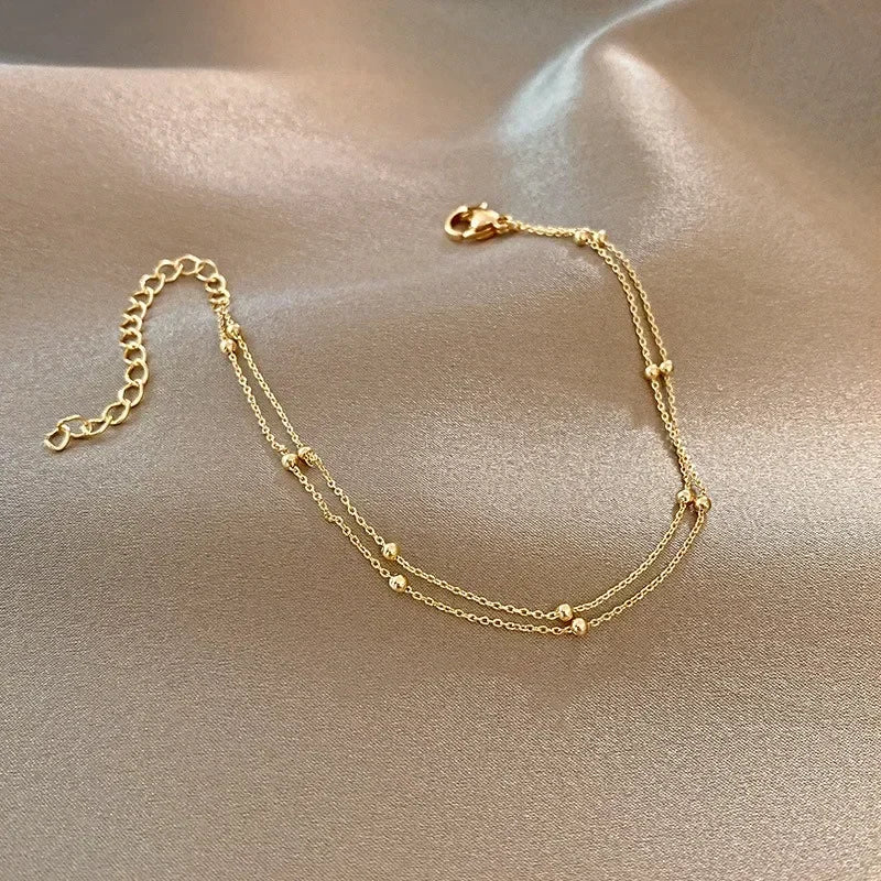 Women's Double Layer Small Round Bead Alloy Chain Bracelet