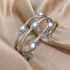 Layered Pearl Stainless Steel Open Cuff Bangle Bracelet Gold Silver