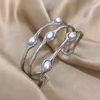 Layered Pearl Stainless Steel Open Cuff Bangle Bracelet Gold Silver