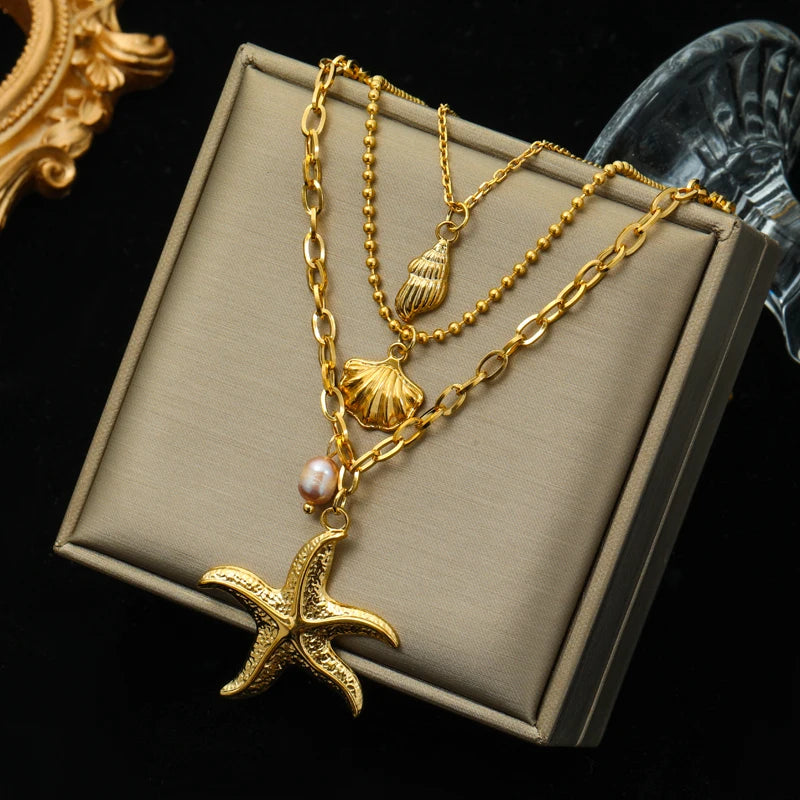 316L Stainless Steel Double Chain Starfish Shell Pendant Necklace 18K