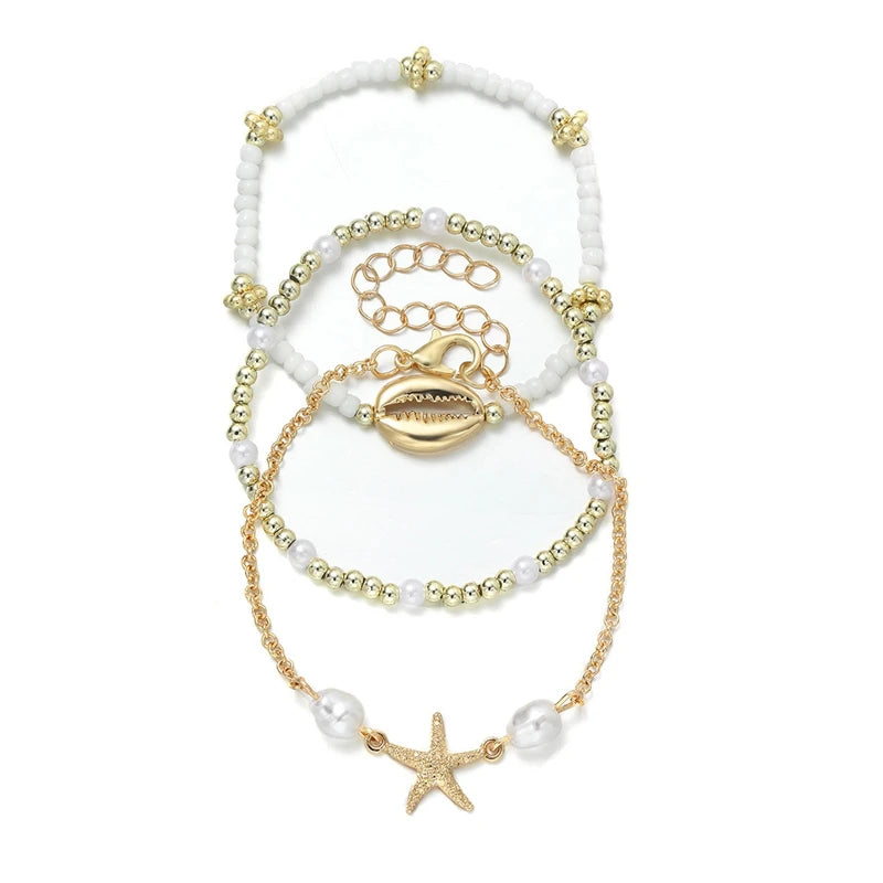 3Pcs Bohemian Shell Starfish Bracelet Set Pearl Beads Beach Jewelry