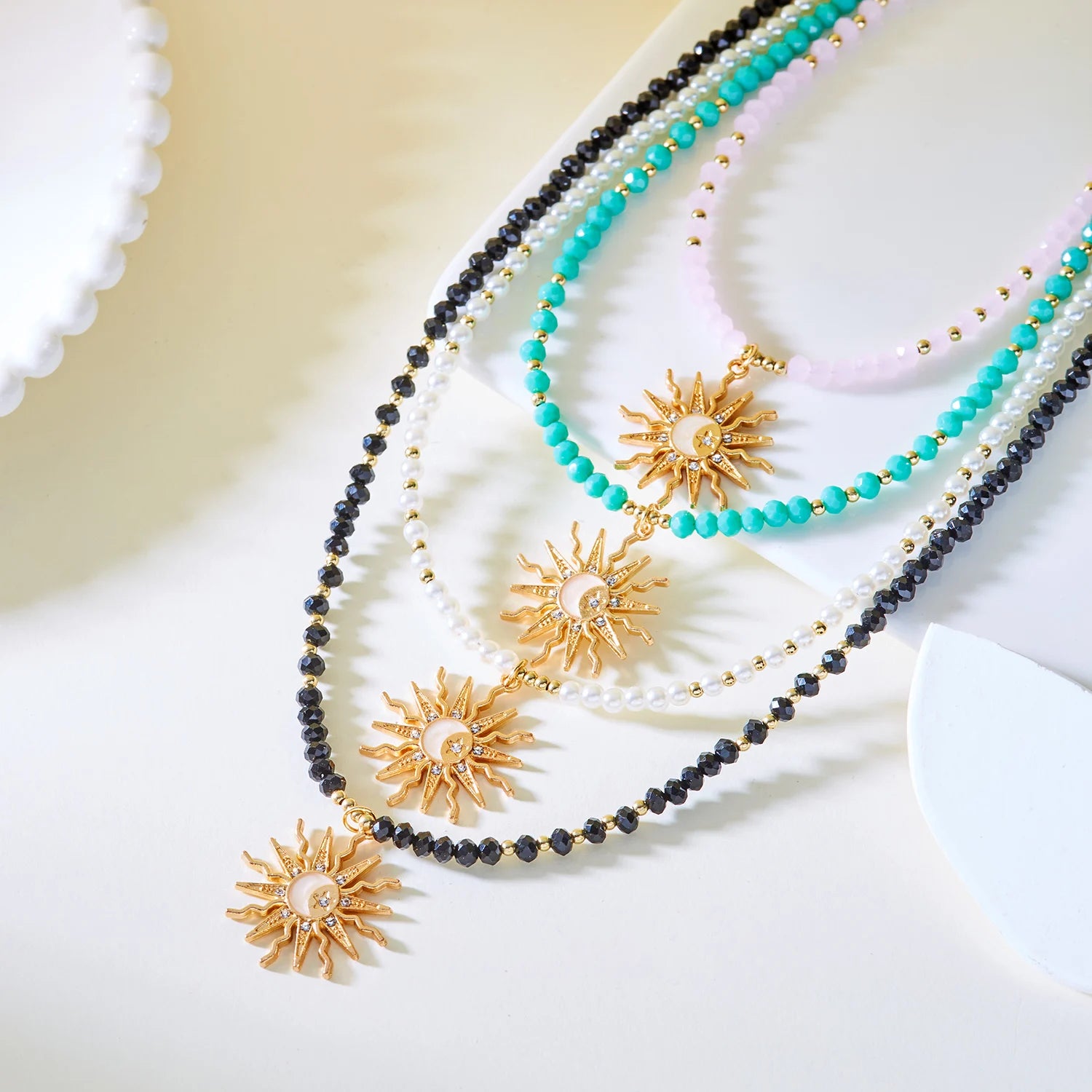 Sun Star Pendant Necklace with Zircon Crystal and Colorful Beads