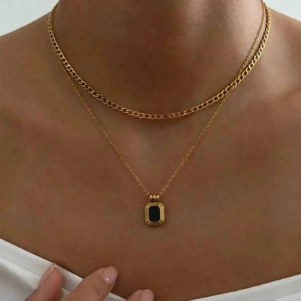 Square Black Acrylic Pendant Necklace 18K Gold Plated Stainless Steel