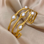 Layered Pearl Stainless Steel Open Cuff Bangle Bracelet Gold Silver